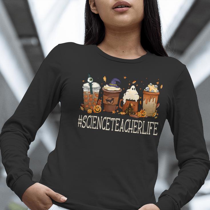Science Teacher Horror Fall Coffee Halloween Pumpkin Autumn Women Long Sleeve T-Shirt, Science Teacher Shirts, funny gift