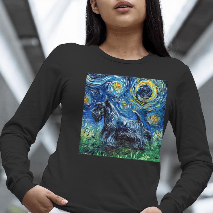 Scottish Terrier Starry Night Scotty Dog Art By Aja Women Long Sleeve T-Shirt, funny gift