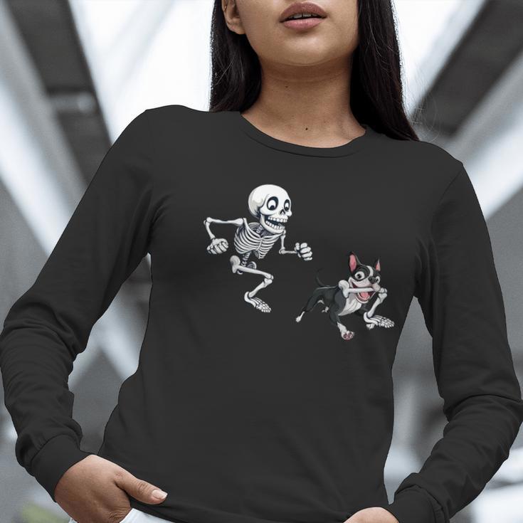 Skeleton Chasing Dog Boston Terrier Halloween Pet Lover Women Long Sleeve T-Shirt, Boston Terrier Halloween Shirts, funny gift