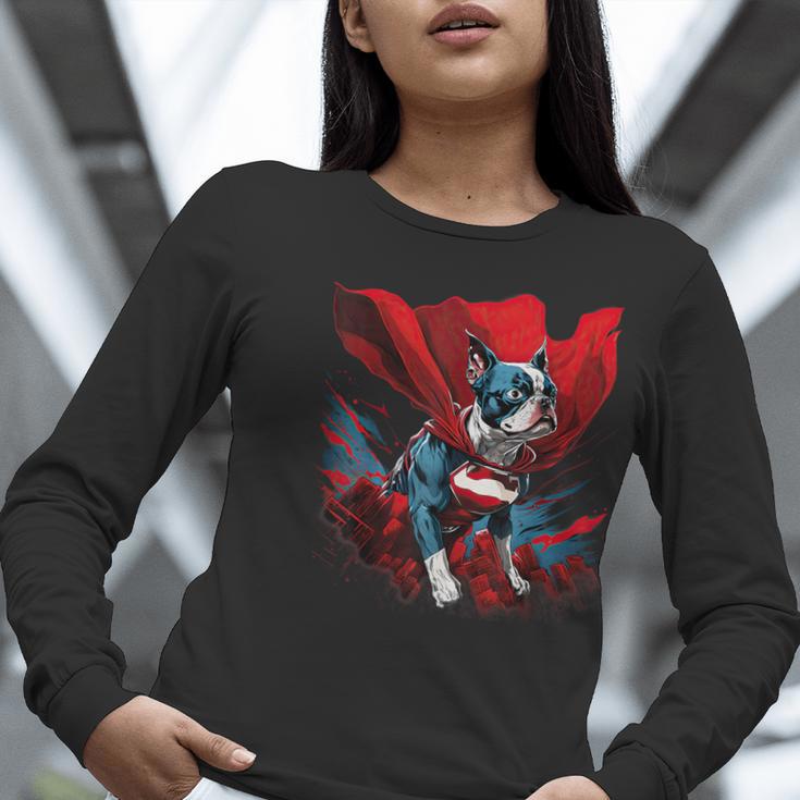 Super Power Superhero Boston Terrier Dog For Men Women Kids Women Long Sleeve T-Shirt, funny gift