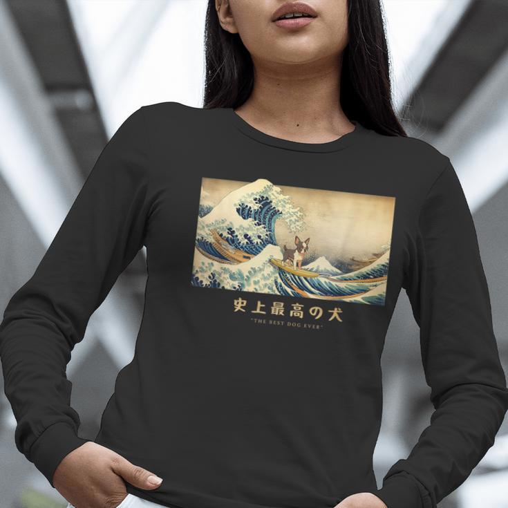 Surfing Boston Terrier Kanagawa Wave Japanese Dog For Men Women Kids Women Long Sleeve T-Shirt, funny gift