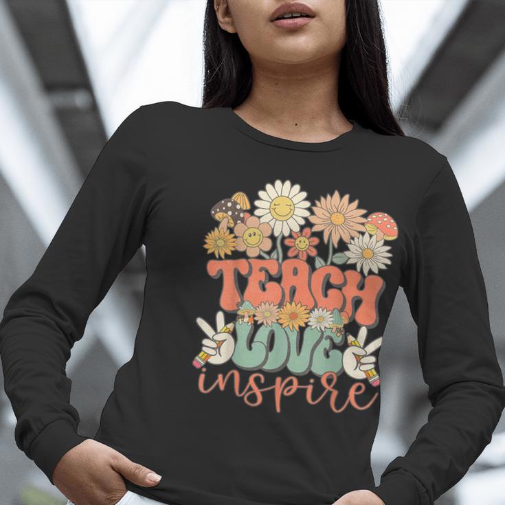 Teach Love Inspire Retro Groovy Daisy Back To School Teacher For Men Women Kids Women Long Sleeve T-Shirt, Groovy Teacher Shirts, funny gift