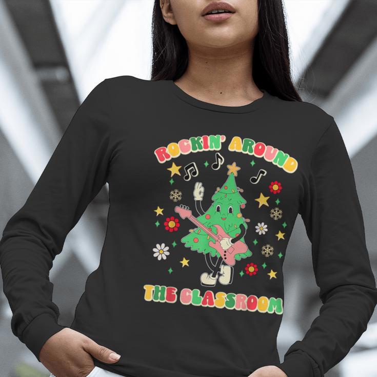Teacher Christmas Shirts Pajama Matching Rockin' Around The Classroom -Adult Short Sleeve Small Modern Festive Christmas Teacher Xmas Vibes T-Shirt Women Long Sleeve T-Shirt, funny gift