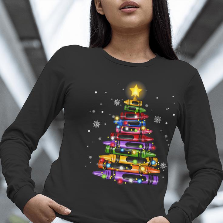 Teacher Crayon Christmas Tree Lights Student School Xmas Women Long Sleeve T-Shirt, funny gift