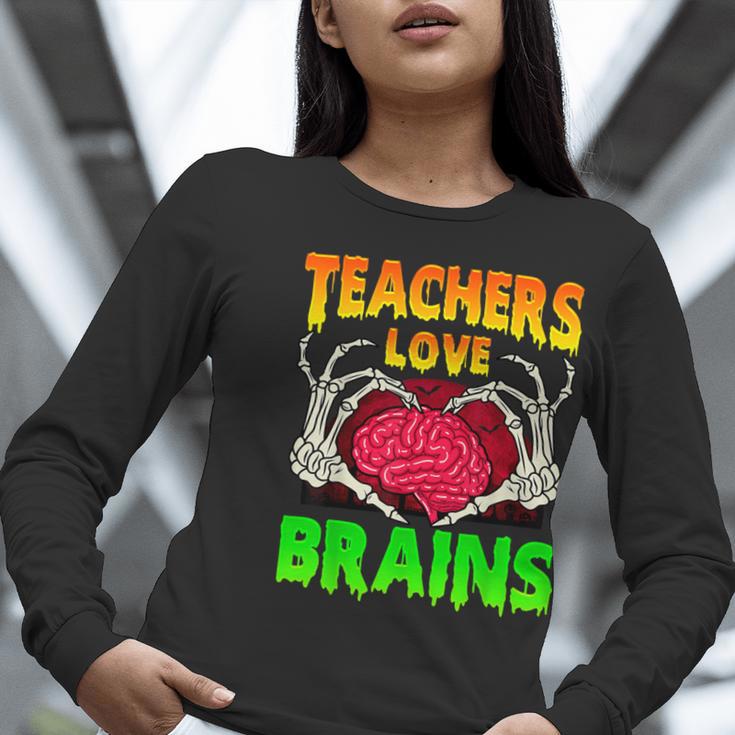Teacher Teachers Love Brains Skeleton Hand Heart Halloween Women Long Sleeve T-Shirt, funny gift