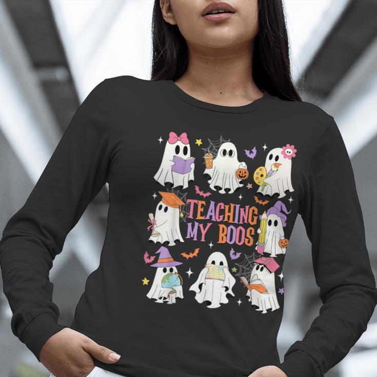 Teaching My Boos Teacher Cute Ghost Groovy Teacher Halloween Women Long Sleeve T-Shirt, Groovy Teacher Shirts, funny gift