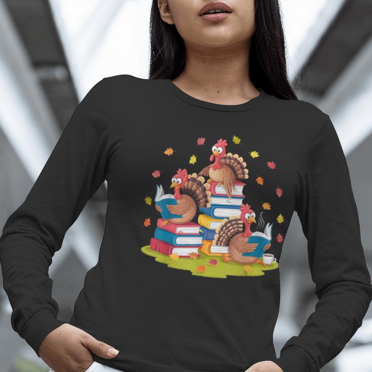 Turkey Reading Books Fall Season Thanksgiving Teacher Book Women Long Sleeve T-Shirt, funny gift