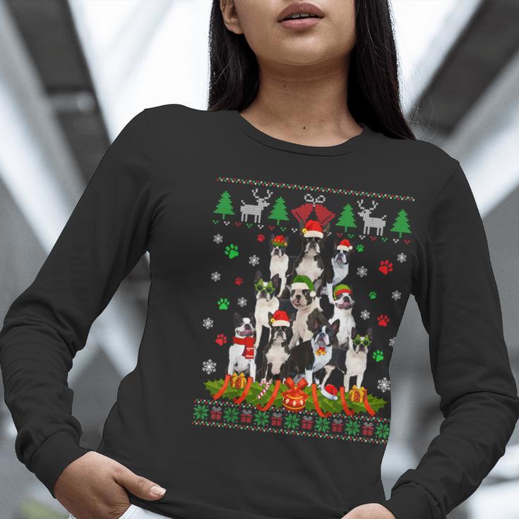 Ugly Sweater Christmas Tree Boston Terrier Dog Xmas Pajama Women Long Sleeve T-Shirt, Boston Terrier Christmas Shirts, funny gift