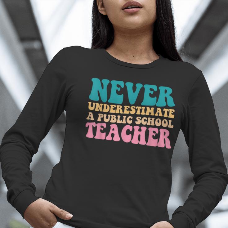 Never Underestimate A Public School Teacher Groovy Women Women Long Sleeve T-Shirt, Groovy Teacher Shirts, funny gift
