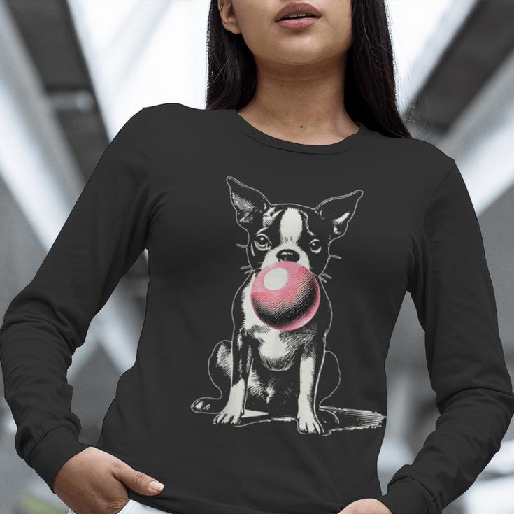 Vintage Boston Terrier Blowing Bubble Gum American Gentleman Women Long Sleeve T-Shirt, American Boston Terrier Shirts, funny gift