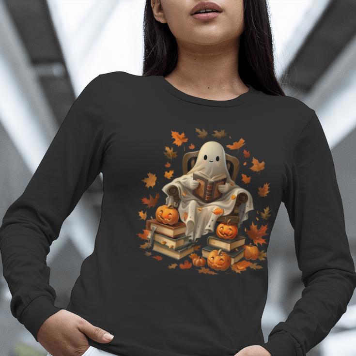 Vintage Ghost Book Reading Pumpkin Gothic Halloween Teachers Men Women Kids Women Long Sleeve T-Shirt, funny gift