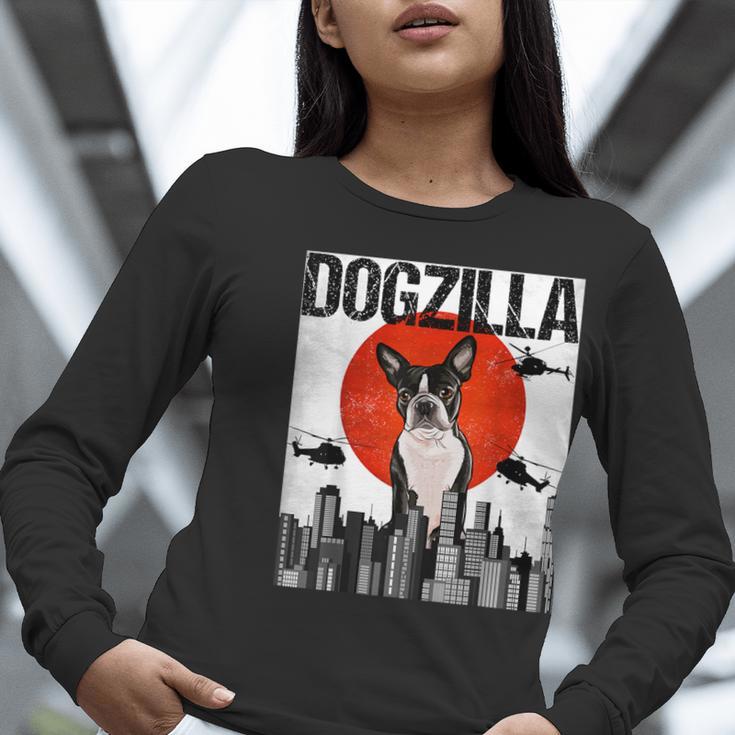 Vintage Japanese Dogzilla Boston Terrier Women Long Sleeve T-Shirt, funny gift