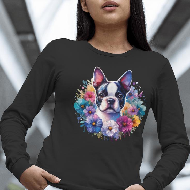 Watercolor Floral Boston Terrier Mama Dog Lover Mother's Day Women Long Sleeve T-Shirt, funny gift