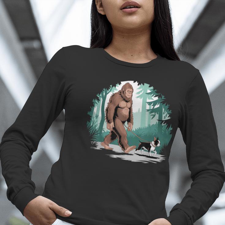 Whimsical Forest Adventures Sasquatch Bigfoot Walking Boston Terrier Dog Lovers Women Long Sleeve T-Shirt, funny gift