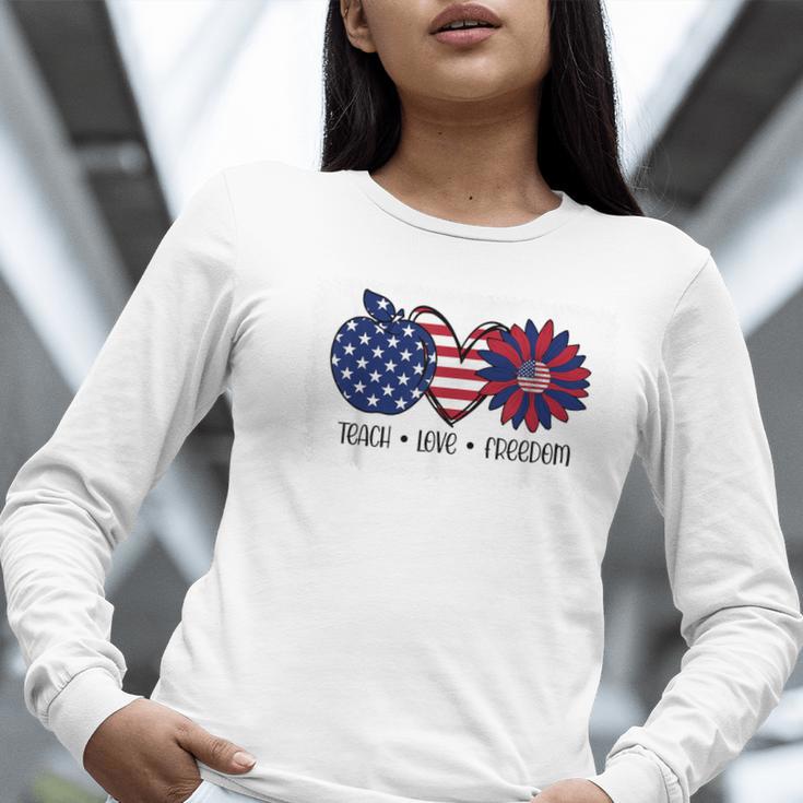 American Flag Teach Love Freedom Preschool Teacher 4th July Women Long Sleeve T-Shirt, funny gift