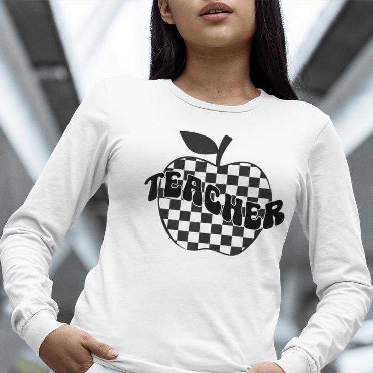 Back To School Checkered Apple Teacher Checkerboard Teacher For Men Women Girls Kids Women Long Sleeve T-Shirt, funny gift