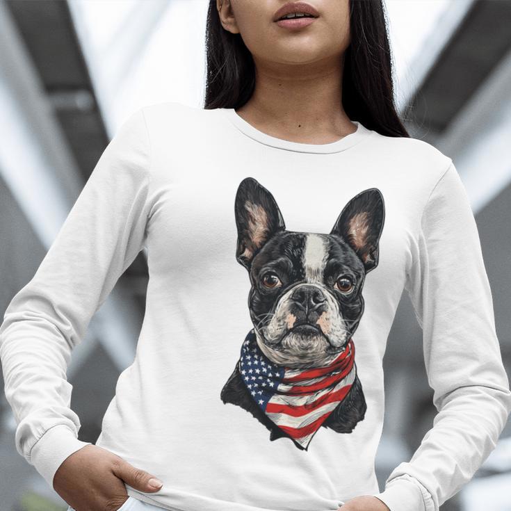 Boston Terrier American Flag Women Long Sleeve T-Shirt, American Boston Terrier Shirts, funny gift