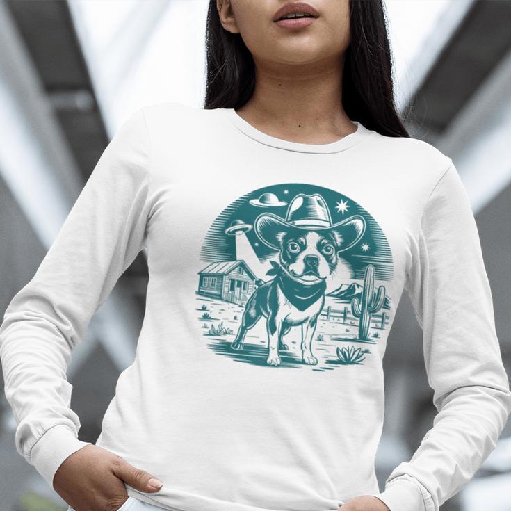 Boston Terrier Cowboy UFO Shirt Vintage Western Dog Mom Tee Women Long Sleeve T-Shirt, Boston Terrier Mom Shirts, funny gift