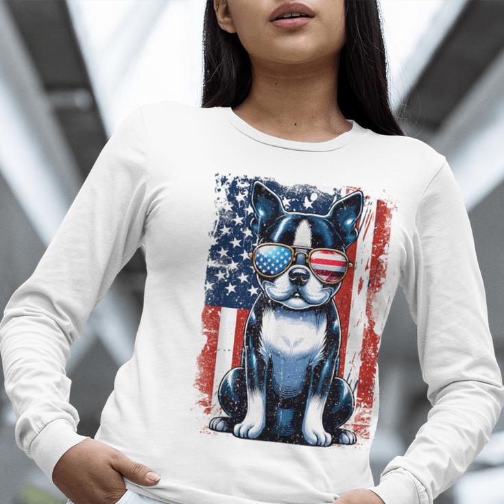 Boston Terrier Dog American USA US Flag Pets Vintage Outfit Women Long Sleeve T-Shirt, American Boston Terrier Shirts, funny gift