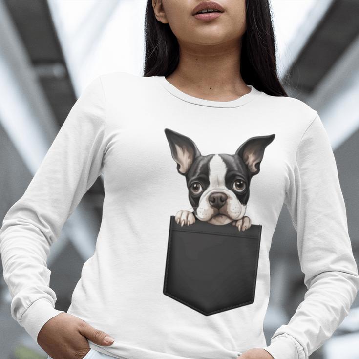 Boston Terrier Dog Puppy Dog In Pocket Cute Pet Lover Women Long Sleeve T-Shirt, funny gift