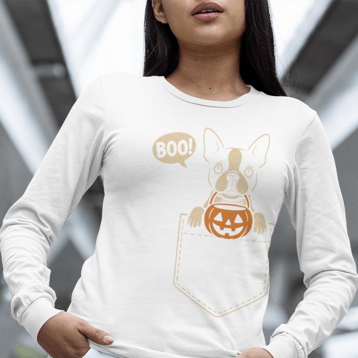 Boston Terrier Halloween Cute Bostie Dog Pocket Boo Women Long Sleeve T-Shirt, Boston Terrier Halloween Shirts, funny gift