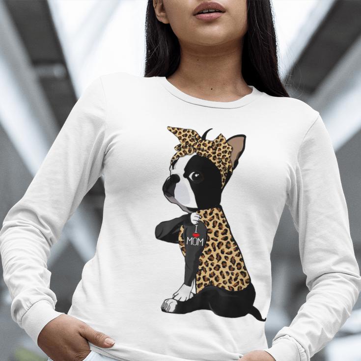 Boston Terrier Lover I Love Mom Tattoo Leopard Women Long Sleeve T-Shirt, Boston Terrier Mom Shirts, funny gift