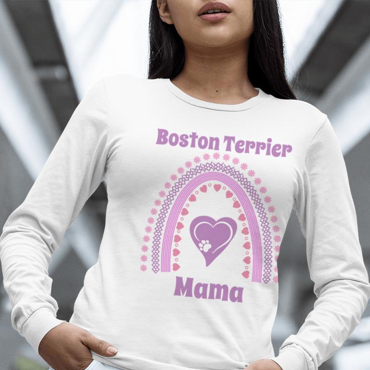 Boston Terrier Mama Cute Rainbow Paw Heart Shape Women Long Sleeve T-Shirt, funny gift