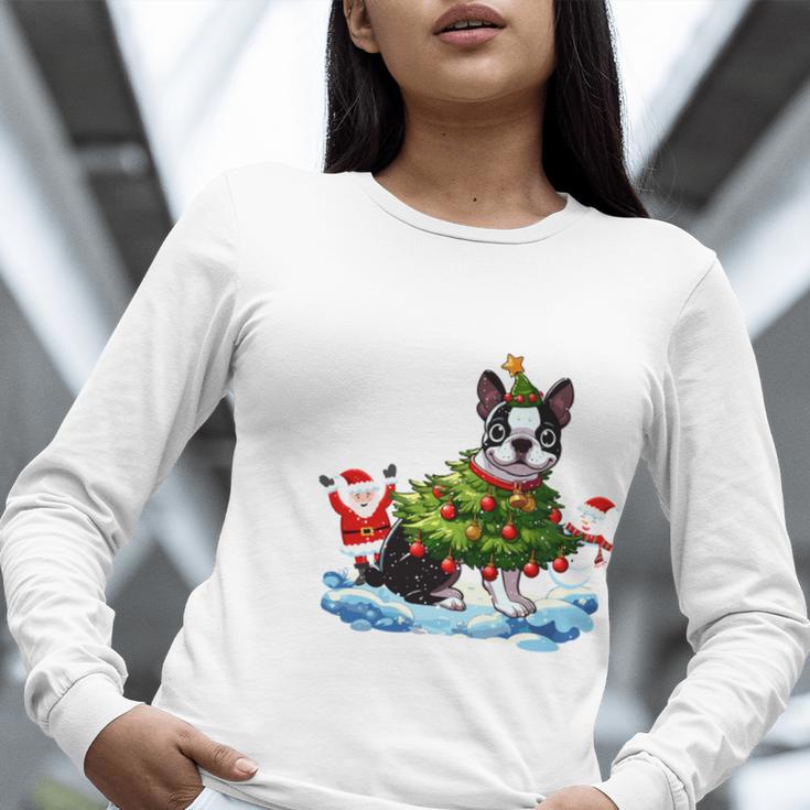 Boston Terrier Merry Christmas Tree Lights Dog X-Mas Dogs Women Long Sleeve T-Shirt, Boston Terrier Christmas Shirts, funny gift