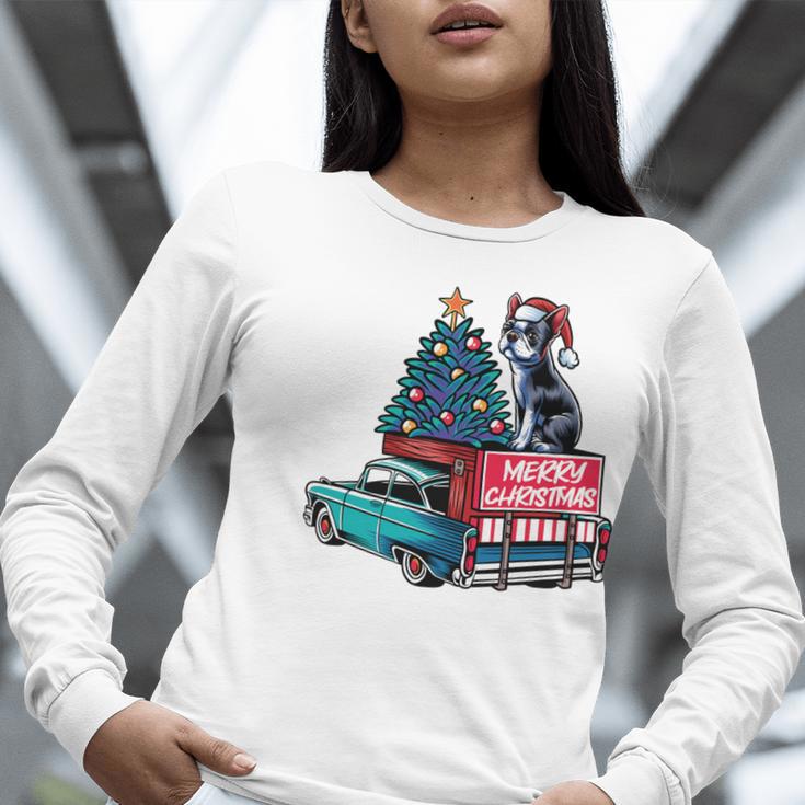 Boston Terrier Merry Christmas Tree Truck Santa Dog X-Mas Women Long Sleeve T-Shirt, Boston Terrier Christmas Shirts, funny gift
