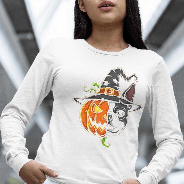 Boston Terrier Pumpkin Jack O Lantern Halloween Women Long Sleeve T-Shirt, Boston Terrier Halloween Shirts, funny gift