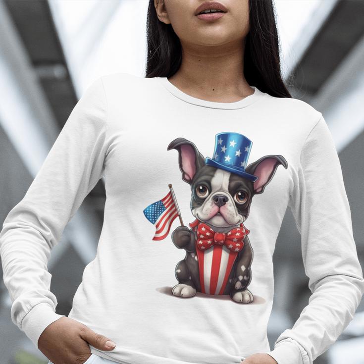 Boston Terrier Puppy Dog Holds His American Flag 4th Of July Women Long Sleeve T-Shirt, American Boston Terrier Shirts, Boston Terrier 4th Of July Shirts, funny gift