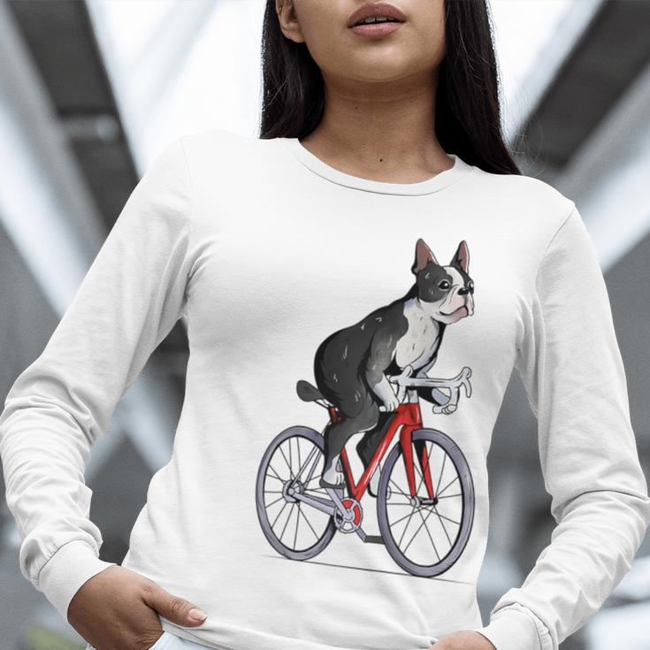 Boston Terrier Riding Bicycle Cute Bostie Biker Raglan Baseball Tee Women Long Sleeve T-Shirt, Boston Terrier Riding Shirts, funny gift