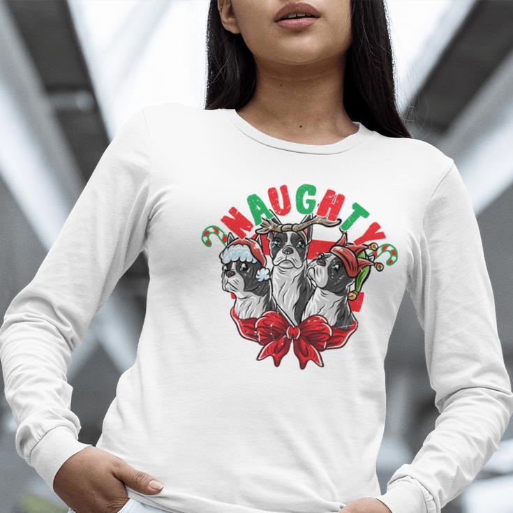 Boston Terrier Santa Claus Elf Reindeer Christmas Dog X-Mas Women Long Sleeve T-Shirt, Boston Terrier Christmas Shirts, funny gift