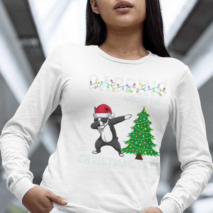 Boston Terrier Santa Hat Dabbing Around The Christmas Tree Women Long Sleeve T-Shirt, Boston Terrier Christmas Shirts, funny gift