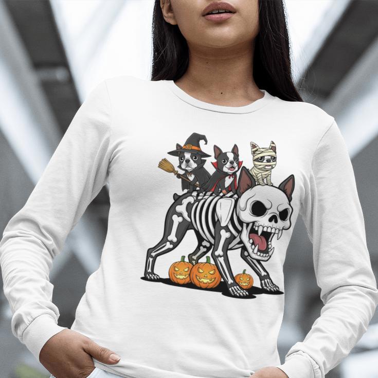 Boston Terrier Skeleton Mummy Witch Halloween Women Long Sleeve T-Shirt, Boston Terrier Halloween Shirts, funny gift