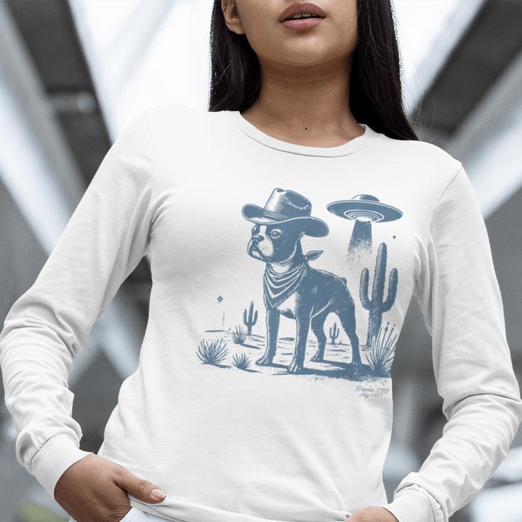 Boston Terrier UFO Cowboy Dog Dog Mom Dog Dad Alien Dog Women Long Sleeve T-Shirt, Boston Terrier Dad Shirts, Boston Terrier Mom Shirts, funny gift