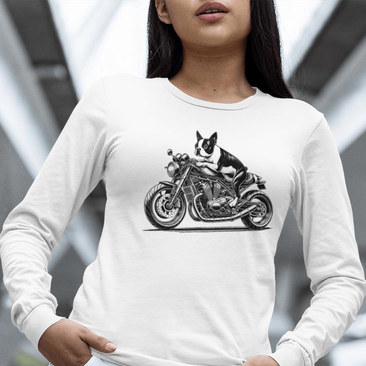 Cool Boston Terrier Riding a Motorcycle Biker Dog Lover For Men Women Kids Women Long Sleeve T-Shirt, Boston Terrier Riding Shirts, funny gift