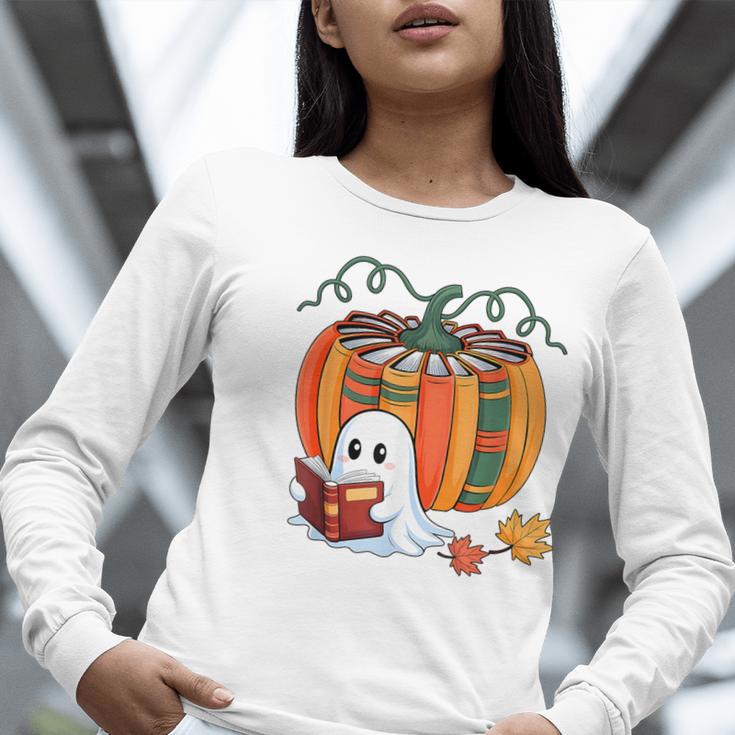 Fall Book Pumpkin Books Ghost Reading Halloween Teacher Women Long Sleeve T-Shirt, funny gift