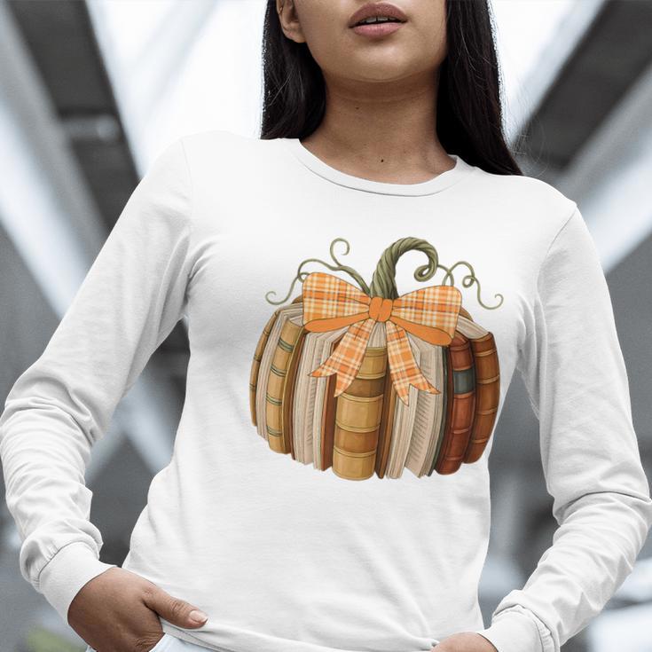Fall Book Pumpkin Halloween Teacher Librarian Thanksgiving Women Long Sleeve T-Shirt, funny gift