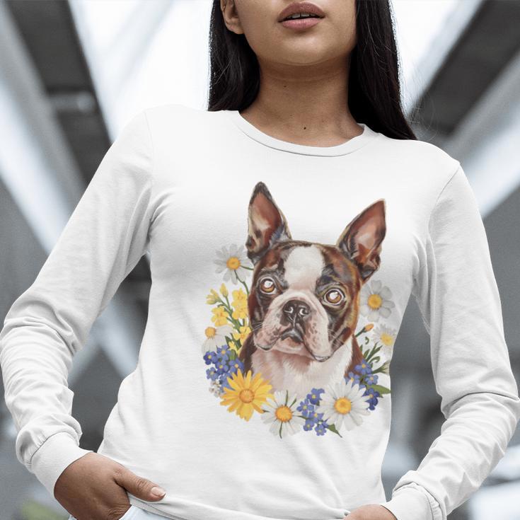 Floral Boston Terrier Women Long Sleeve T-Shirt, funny gift