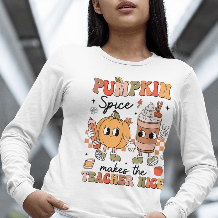 Groovy Pumpkin Spice Makes Teacher Nice Fall Thanksgiving Women Long Sleeve T-Shirt, Groovy Teacher Shirts, funny gift