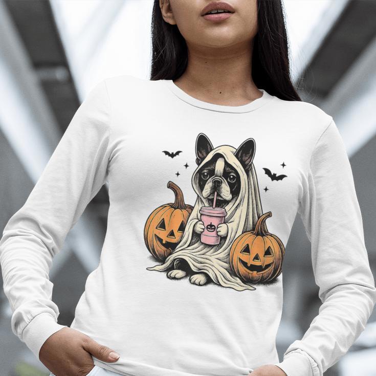 Halloween Boston Terrier Ghost Women Long Sleeve T-Shirt, Boston Terrier Halloween Shirts, Boston Terrier Ghost Shirts, funny gift