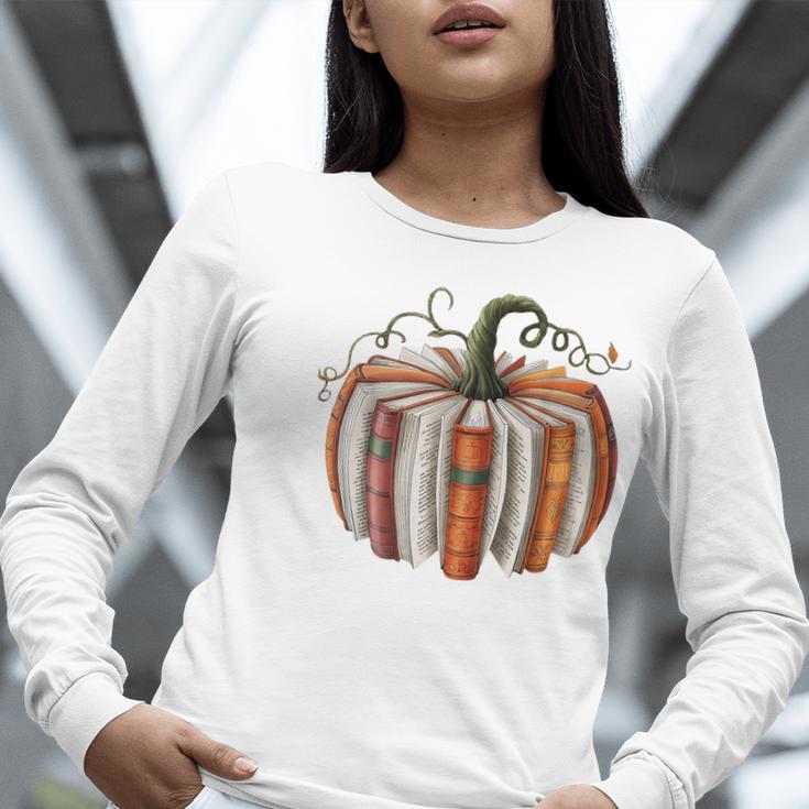 Halloween Teacher Librarians Fall Book Pumpkin Retro Reading Women Long Sleeve T-Shirt, funny gift