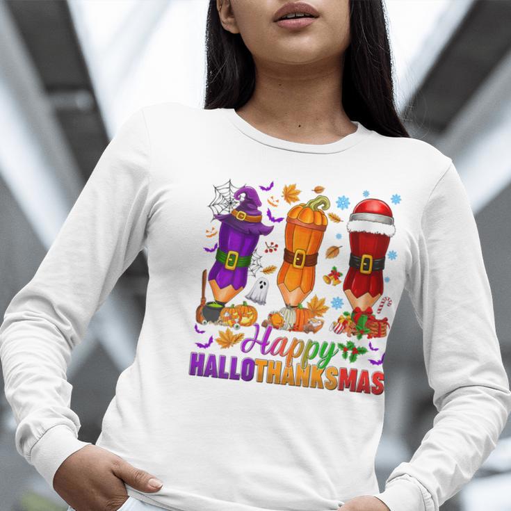 Happy Hallothanksmas Halloween Thanksgiving Pencils Teachers Women Long Sleeve T-Shirt, funny gift