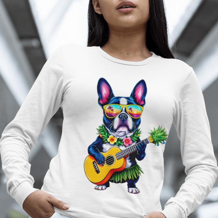 Hawaiian Boston Terrier & Pineapple Ukulele Summer Vacation Women Long Sleeve T-Shirt, funny gift