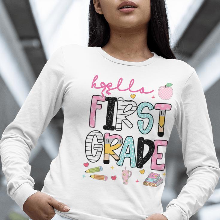 Hello First Grade Teacher Coquette Pencil Bow Back To School Women Long Sleeve T-Shirt, First Grade Teacher Shirts, funny gift Hello First Grade Teacher Coquette Pencil Bow Back To School Women Long Sleeve T-Shirt, First Grade Teacher Shirts, funny gift
