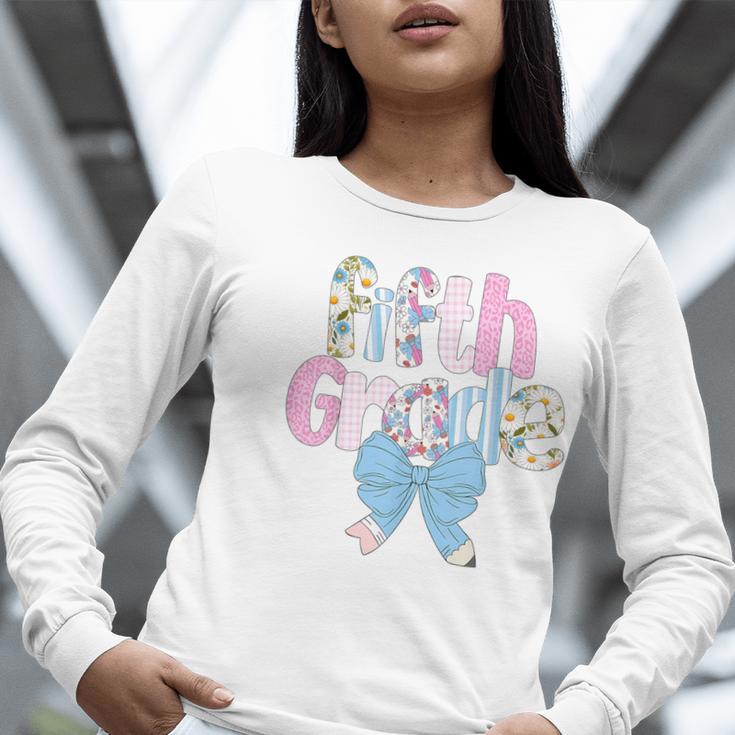 Preppy Fifth Grade Teacher Blue Floral Coquette Pencil Bow Women Long Sleeve T-Shirt, funny gift