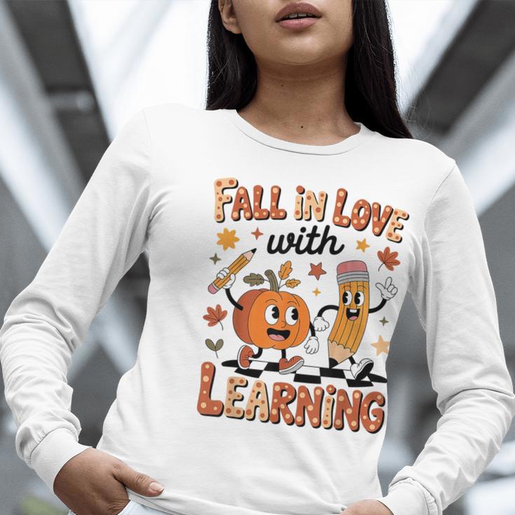 Retro Fall In Love With Learning Autumn Pumpkin Teacher Kids Women Long Sleeve T-Shirt, funny gift