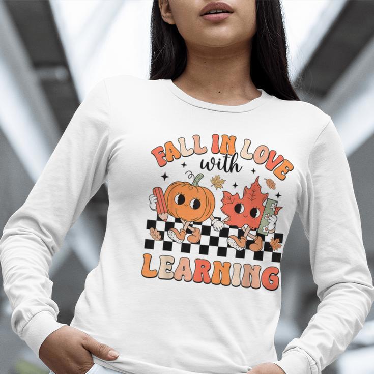Retro Fall In Love With Learning Autumn Pumpkin Teacher Women Long Sleeve T-Shirt, funny gift Retro Fall In Love With Learning Autumn Pumpkin Teacher Women Long Sleeve T-Shirt, funny gift