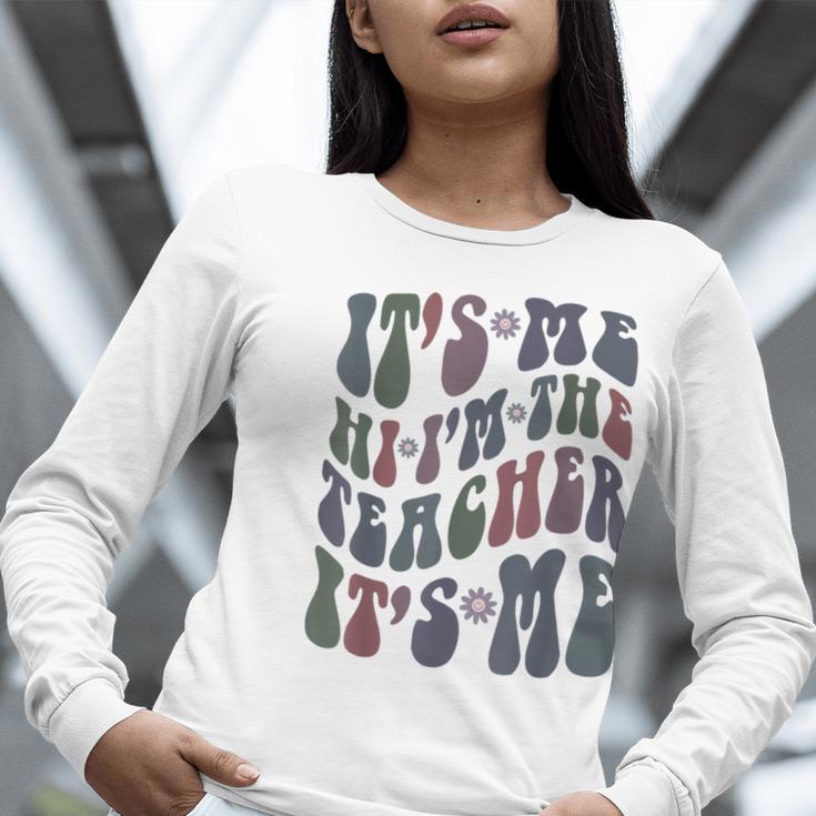 Retro IT'S ME Hi I'm The TEACHER Groovy Testing Squad Pink Women Long Sleeve T-Shirt, Groovy Teacher Shirts, funny gift